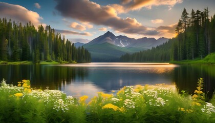 Serene lake surrounded by lush green forest and mountains under a cloudy sky at sunset.
