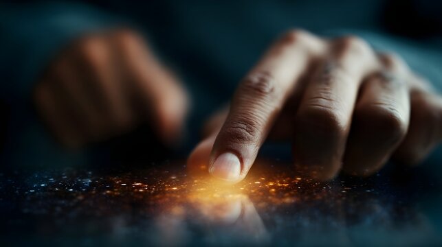 Close up of a fingertip touching a glowing digital interface with light particles sparkling symbolizing technology and interaction