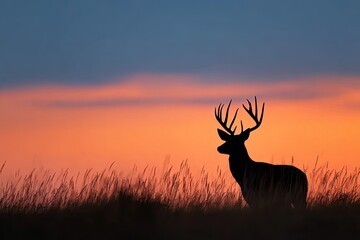 Naklejka premium Silhouette of a majestic buck with large antlers, against a vibrant sunset backdrop