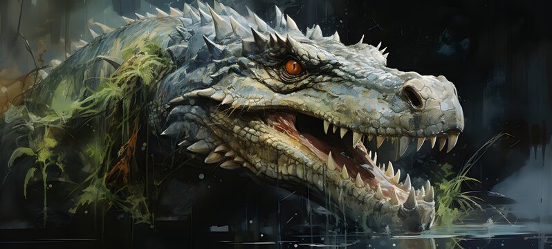 dragon chomping on bones in a swamp,generative AI - Powered by Adobe