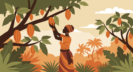 African woman harvesting cocoa fruits on a farm, ideal for educational materials and cultural exhibitions