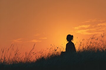 Silhouette of a person meditating in tall grass against a fiery, vibrant sunset sky