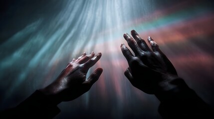 Hands reaching towards vibrant rainbow light beams in a dark glowing atmosphere