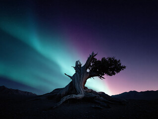 Majestic, gnarled tree silhouette against a vibrant aurora borealis. Night scene symbolizes resilience, nature, and wonder. Ideal for travel, environmental, or aspirational themes.