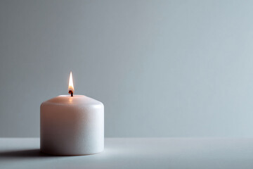 Minimalist image of a lit white candle providing light, hope, or memorial concept. Soft tones and elegant simplicity. Ideal for backgrounds, spiritual themes, or peaceful moments.