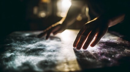 Close up of hands interacting with vibrant glowing abstract digital projections creating a futuristic and ic experience