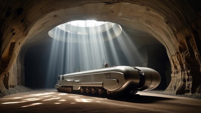 tunnel boring machine futuristic vehicle in grand underground with light beams
