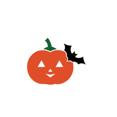 Smiling Pumpkin with Bat and Moon – Halloween Vector Icon