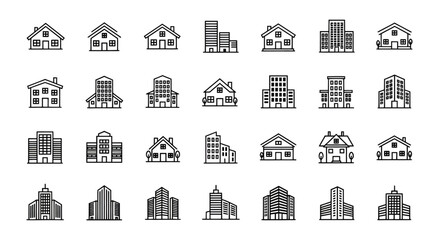 set of icons of buildings. Isolated on white background.