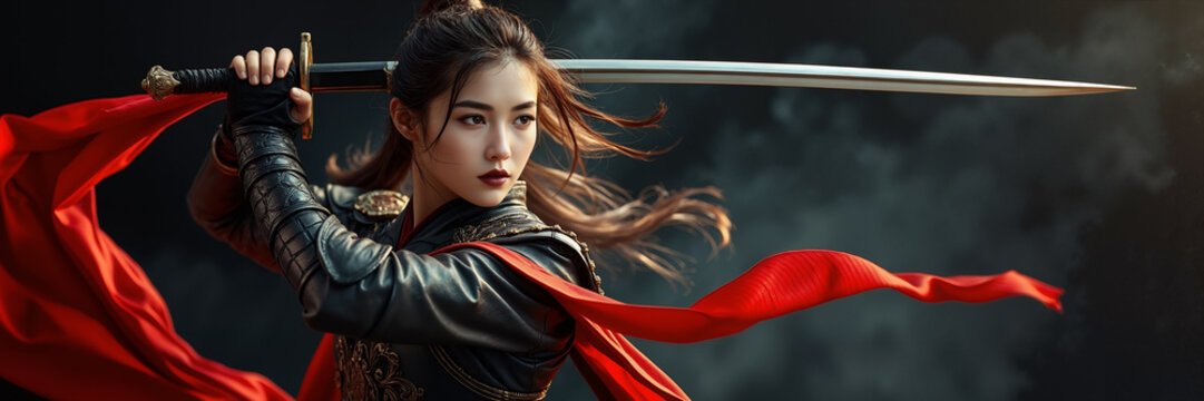 Powerful East Asian female warrior holding a sharp sword ready for battle, dramatic red flowing fabric and dark cinematic armor.