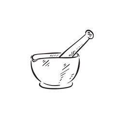 Pestle and mortar illustration in black line.