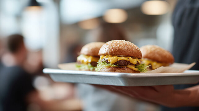 Gourmet burgers on a tray, served fresh. Perfect for restaurants, menus, food blogs,  catering services. Delicious, appetizing,  visually engaging content.