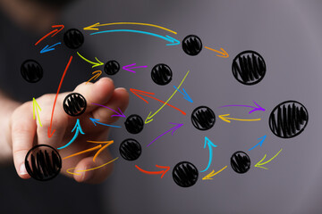 Abstract visual of data points and arrows activated by a human hand, representing interconnected concepts, strategic planning, global communicat