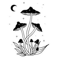 Celestial Mushrooms Illustration, Cosmic Fungi Art, Mystical Mushrooms with Stars and Galaxy
