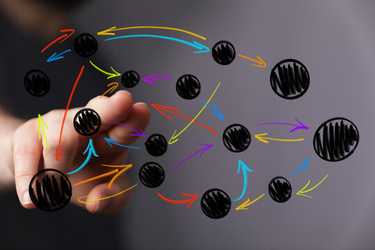 Abstract visual of data points and arrows activated by a human hand, representing interconnected concepts, strategic planning, global communicat