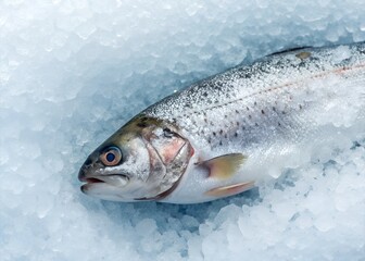 Close-Up of a Frozen Fish on Ice Surface with Frost Capturing the Beauty of Winter and Nature in a Unique Perspective