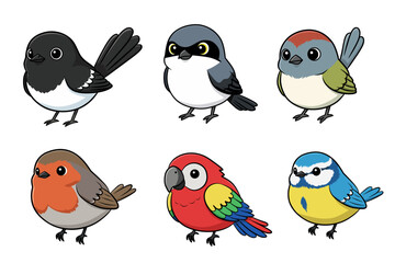 Set of cute cartoon bird illustrations in vector style, featuring colorful birds with round bodies and expressive faces. Perfect for children’s design, education, and wildlife themes