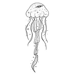Naklejka premium Celestial Jellyfish Illustration, Cosmic Jellyfish Art, Mystical Jellyfish with Stars and Galaxy
