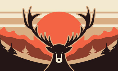 Stag Head Illustration with Mountain and Forest Background, Wildlife Nature Silhouette Art