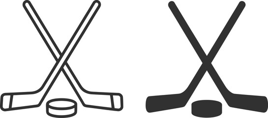 Two crossed hockey sticks and a puck striking black and white silhouette.