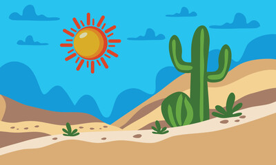 Silent Desert with Standing Cacti Illustration, Minimalist Desert Landscape Art with Cactus and Warm Sunset Colors