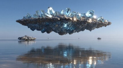 An ethereal crystalline structure floats above calm water, with a reflective surface and distant vessels