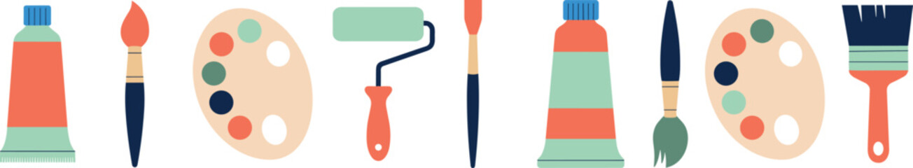 Fototapeta premium Art supplies seamless pattern, paintbrush, palette, paint tube, roller, creative tools, colorful background, artistic design, drawing equipment, painting accessories