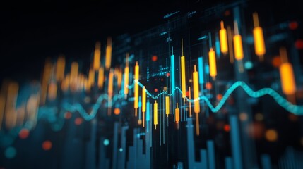 Abstract image of colorful candlestick charts and a fluctuating line, depicting market data and trends