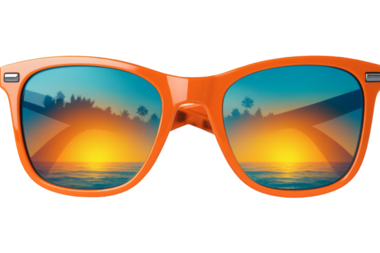Orange sunglasses with beach reflection isolated on transparent background, summer accessory PNG element