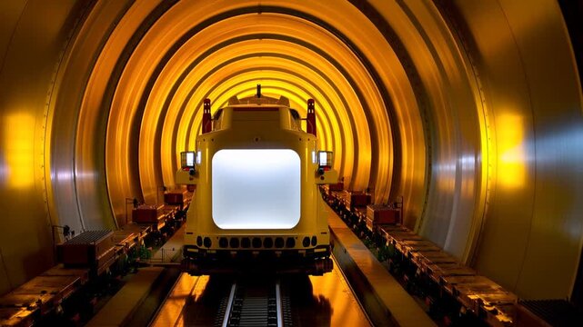 tunnel boring machine futuristic train in glowing golden