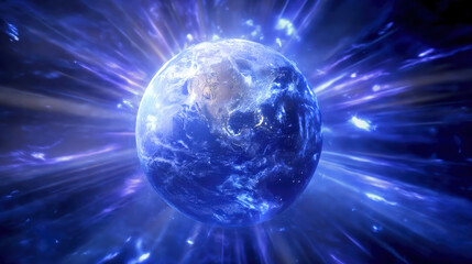 Glowing earth seen from space with radiant blue energy beams and illuminated continents, dramatic cosmic light and futuristic atmosphere creating dynamic vivid mood