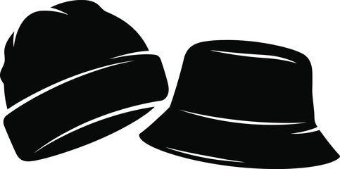 Blackandwhitesilhouetteillustrationofaclassicknittedbeaniehatandastreetstylebucketcapforsportfashion.