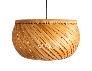 Woven light fixture with curved bamboo strips suspended from a dark cord