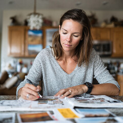 Fototapeta premium Focused woman working from home, writing in a scrapbook or photo album. Represents creativity, planning, reflection, memory keeping, and personal projects. Lifestyle, entrepreneurship.