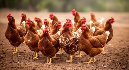 Group of brown chickens standing together on a farm in natural sunlight outdoors