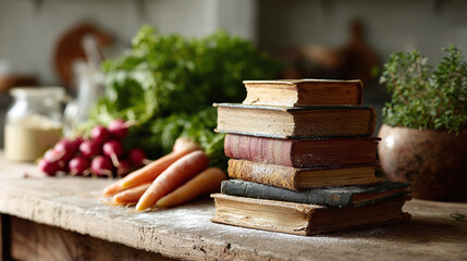 Rustic kitchen scene. Stack of aged books next to fresh produce on a wooden surface. Evokes knowledge, healthy eating,  natural lifestyle.