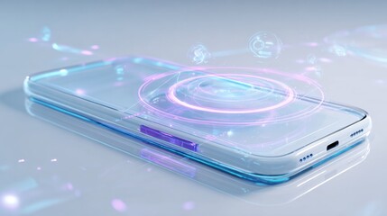 Futuristic smartphone with a glowing user interface, holographic projections, and data streams. Focus is sharp on the device