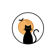Black Cat with Full Moon and Bat – Minimalist Halloween Icon
