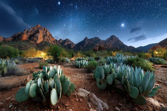 Starry Night Sky over Desert Cactus Garden and Mountains
