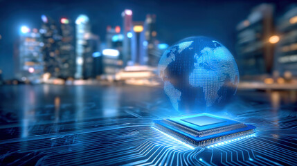Holographic world map illuminated by neural circuit on glowing microchip, futuristic blue digital globe above circuitry conveying global network and technology innovation