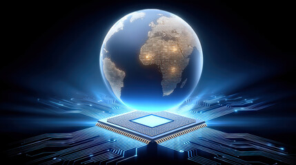 Digital globe above glowing microchip with circuit traces radiating light, futuristic network connection and technology energy visualization