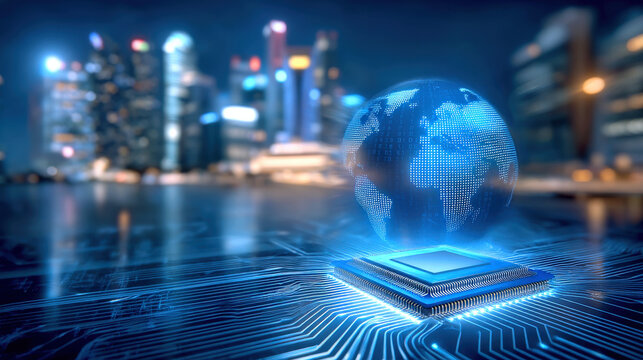 Holographic world map illuminated by neural circuit on glowing microchip, futuristic blue digital globe above circuitry conveying global network and technology innovation