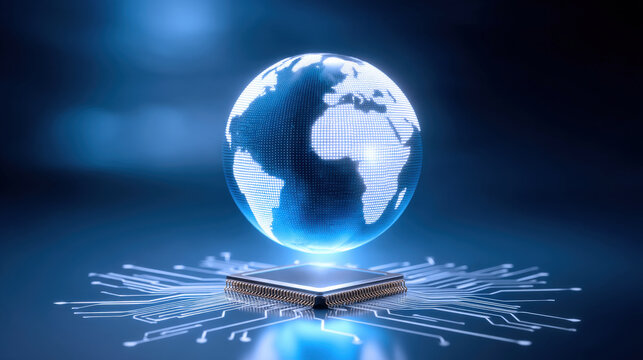 Digital globe with glowing circuit connections world map technology sphere blue hologram microchip platform global network data concept futuristic interface