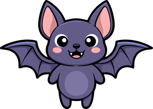 Cute Cartoon Bat Vector &ndash; Simple Happy Bat Character, Adorable Animal Mascot with Open Wings