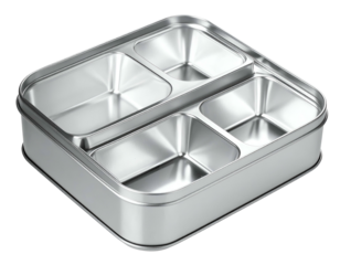 Shiny, rectangular stainless steel lunch container with four food compartments