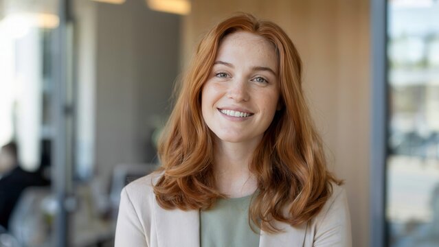 Portrait of a beautiful, smiling young woman with red hair in an office