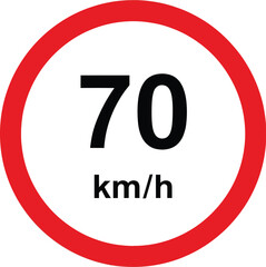 Circular Speed Limit Sign – Red and White Road Symbol with “70 km/h” Text for Traffic Safety, Driving Regulation, or Educational Design Assets