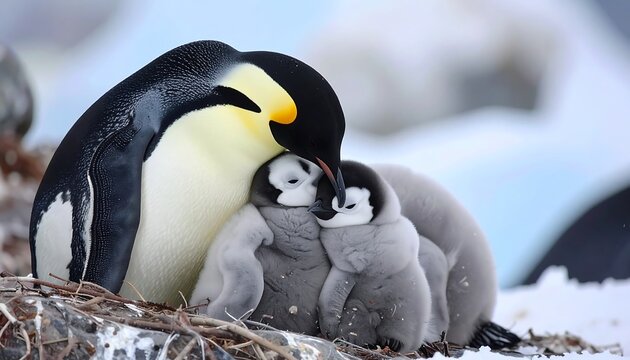 An adult bird shelters two fluffy chicks, nestled closely in a rocky nest. Ice and snow create a cold, white background. The parent gently grooms the baby birds