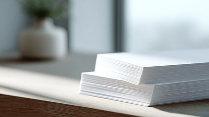 Stack of white paper on a wooden desk bathed in natural light. Minimalist design, clean aesthetic. Great for business, office, or creative concepts.