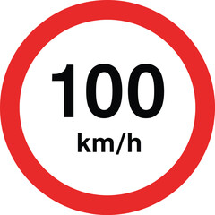 Circular Speed Limit Sign – Red and White Road Symbol with “100 km/h” Text for Highway Safety, Traffic Regulation, or Driving Education Materials